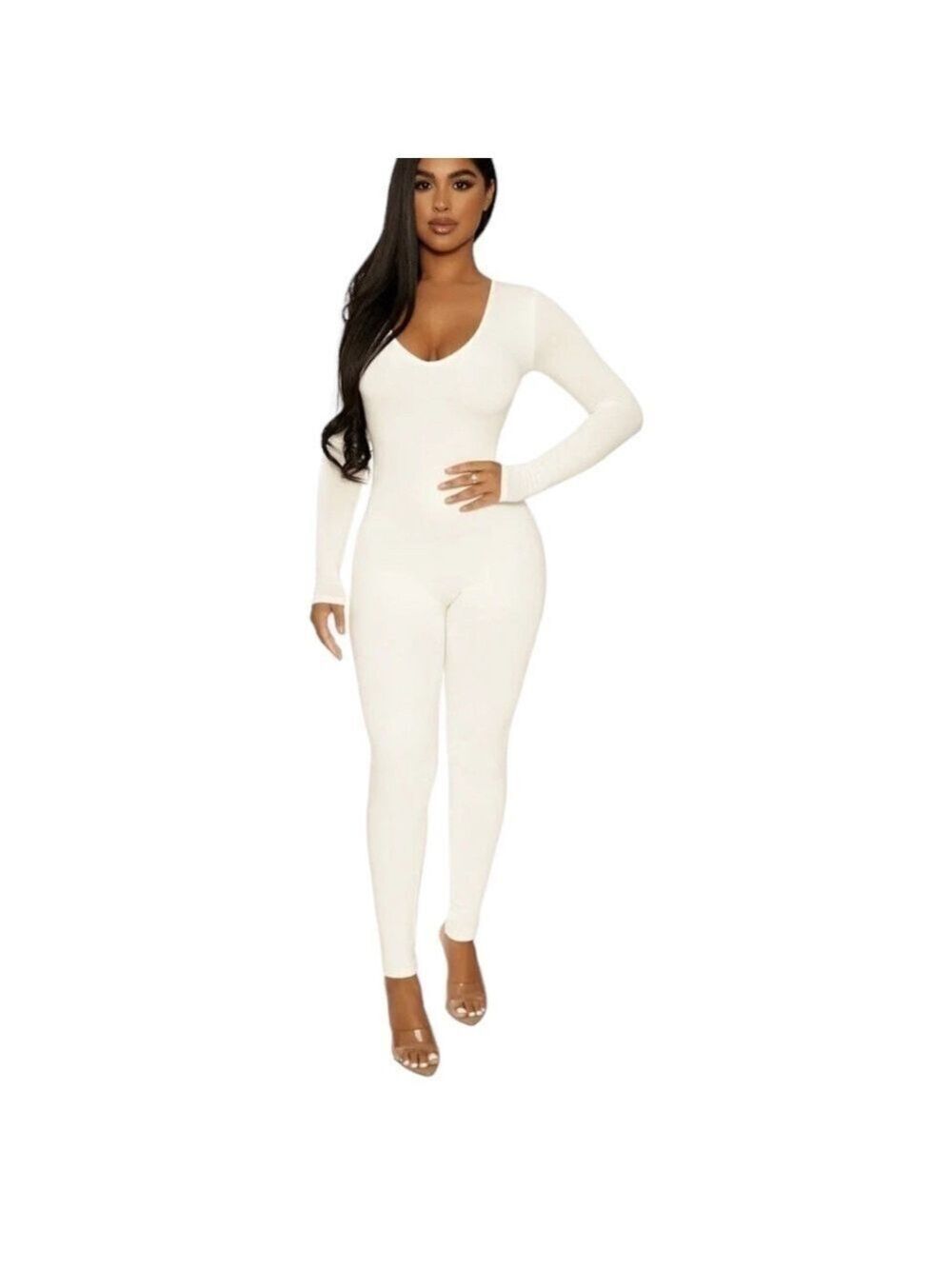 NAKED WARDROBE Deep Vee Neck Stretch Jumpsuit Soft Peachy Cream US Sz M